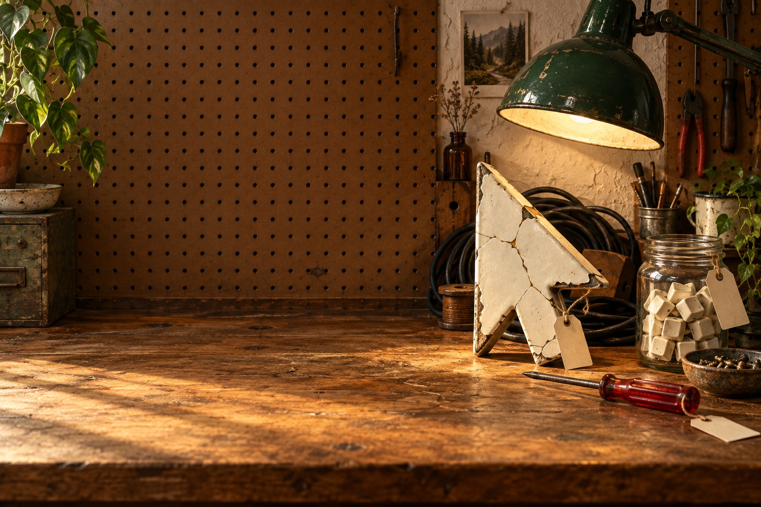 A warm repair workbench with a cracked cursor, cables, and a jar of keyboard keys